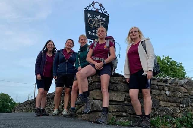 From left, Hayley Inchley, Claire Fleming, Liz Riley, Michelle Kent and Jo Wright, pictured taking a break during their Three Peaks Challenge in aid of Great Dalby Pre-School EMN-210615-114504001