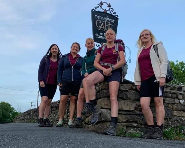 From left, Hayley Inchley, Claire Fleming, Liz Riley, Michelle Kent and  Jo Wright, pictured taking a break during their Three Peaks Challenge in aid of Great Dalby Pre-School EMN-210615-114504001