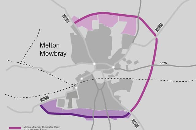 The route of the approved Melton Mowbray Distributor Road (MMDR), connecting north, east and south, and how it would join with the planned southern link section EMN-210614-113312001