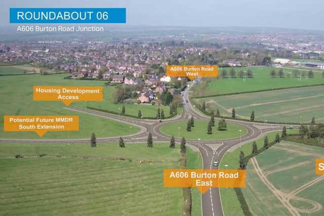 A computer-generated drone flight over the proposed Melton Mowbray Distributor Road (MMDR) showing where the road would end, at a new junction with the A606 Burton Road, and a link with a prroposed south section EMN-210614-184516001
