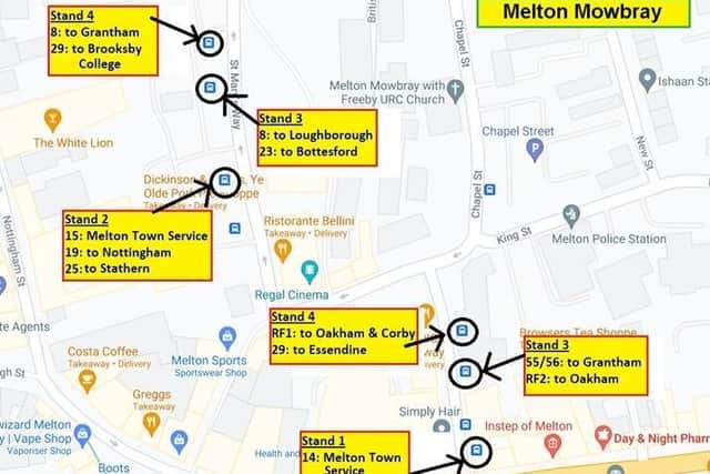 Changes to changes to the departure stands for Centrebus services in Melton Mowbray which come in on Monday Junes 21 EMN-210615-134602001