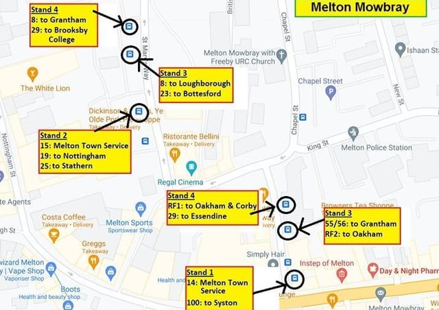 Changes to changes to the departure stands for Centrebus services in Melton Mowbray which come in on Monday Junes 21 EMN-210615-134602001