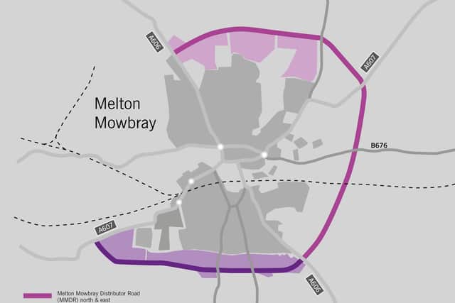 The route of the approved Melton Mowbray Distributor Road (MMDR), connecting north, east and south, and how it would join with the planned southern link section EMN-210614-113312001