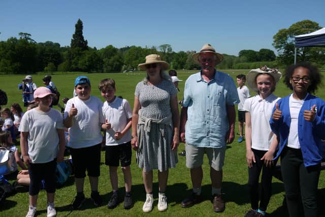 Deputy Mayor of Melton, Councillor Alan Hewson, and his wife Jane with Melton schoolchildren enjoying a day of sport and outdoor learning with the Belvoir Cricket & Countryside Trust. EMN-210617-133635001