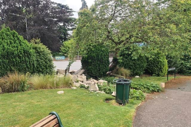 The demolished historic archway at Melton's Memorial Gardens following a road collision at the weekend EMN-210621-134050001