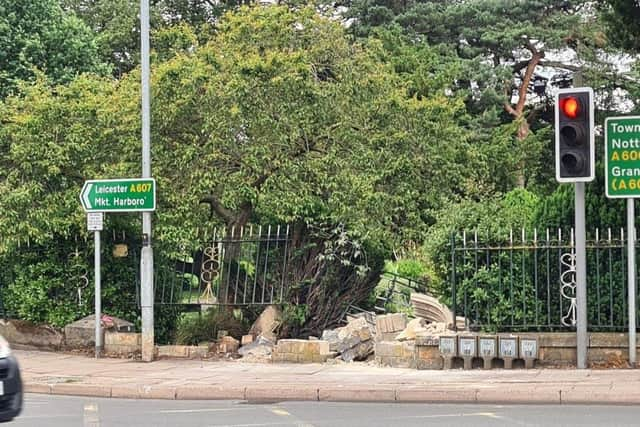 The demolished historic archway at Melton's Memorial Gardens following a road collision at the weekend EMN-210621-134100001