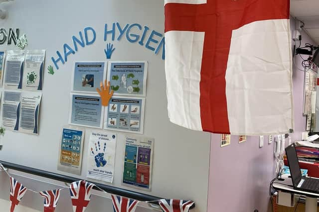 The flags and bunting are out at Melton Mowbray Hospital today ahead of Sunday's England v Italy Euro 2020 final EMN-210907-145403001