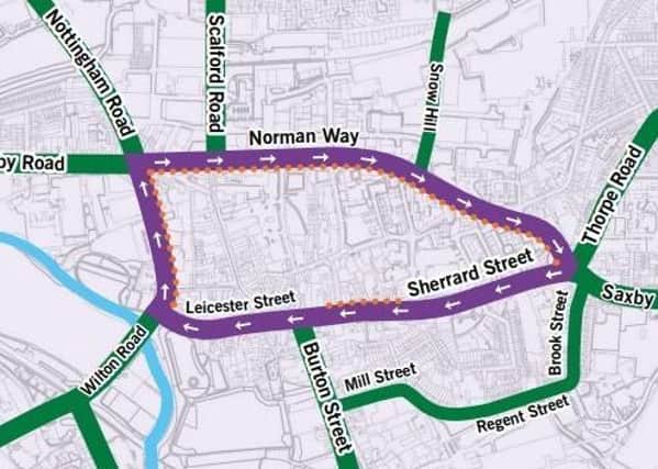 The proposed conversion of Melton's central ring road to a one-way highway in the interim transport strategy for Melton Mowbray EMN-210721-125132001