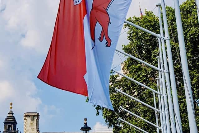 The new Leicestershire flag flying in London today EMN-210719-131039001