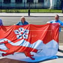 The new Leicestershire flag being displayed in London today EMN-210719-124754001