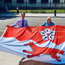 The new Leicestershire flag being displayed in London today EMN-210719-124754001