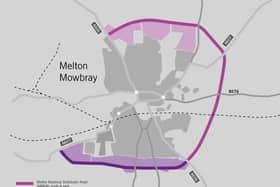 The route of the Melton Mowbray Distributor Road (MMDR), passing north and east of the town, and how it would join with the planned southern link section EMN-210720-144951001