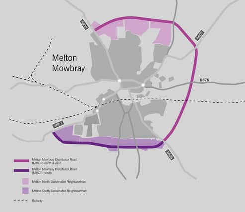 The route of the Melton Mowbray Distributor Road (MMDR), passing north and east of the town, and how it would join with the planned southern link section EMN-210720-144951001