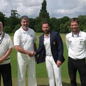 Captains Darren Bicknell and Gareth James at the toss with umpires Anthony Wade and Simon Cooper