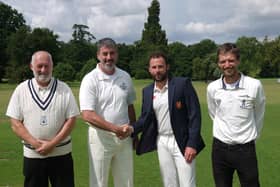 Captains Darren Bicknell and Gareth James at the toss with umpires Anthony Wade and Simon Cooper