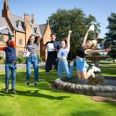 Tpo achieving Ratcliffe College students celebrate their GCSE results, from left, Danai Masiyakurima, Eleni Malhan, Ethan Starley and Victoria Wheatley and Holly Clark EMN-210815-171728001