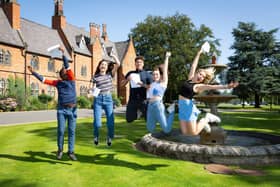 Tpo achieving Ratcliffe College students celebrate their GCSE results, from left, Danai Masiyakurima, Eleni Malhan, Ethan Starley and Victoria Wheatley and Holly Clark EMN-210815-171728001