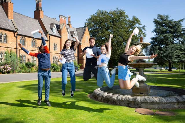 Tpo achieving Ratcliffe College students celebrate their GCSE results, from left, Danai Masiyakurima, Eleni Malhan, Ethan Starley and Victoria Wheatley and Holly Clark EMN-210815-171728001