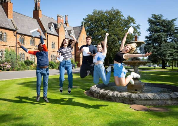 Tpo achieving Ratcliffe College students celebrate their GCSE results, from left, Danai Masiyakurima, Eleni Malhan, Ethan Starley and Victoria Wheatley and Holly Clark EMN-210815-171728001