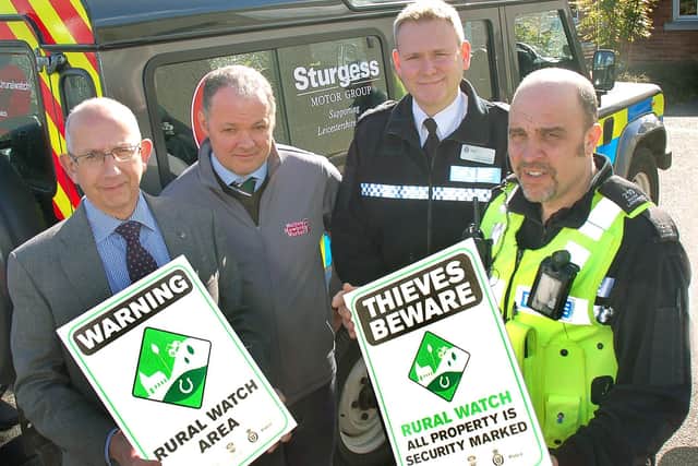 Pictured from left with some of the Rural Watch signs are Stephen Jeal, Melton NFU Mutual senior group secretary, Hugh Brown, cheif executive officer of Gillstream Markets Ltd which manages Melton Market, Leicestershire Police deputy chief constable Roger Bannister and Pc Mark Longden, dedicated neighbourhood officer covering the Vale of Belvoir EMN-210824-121415001