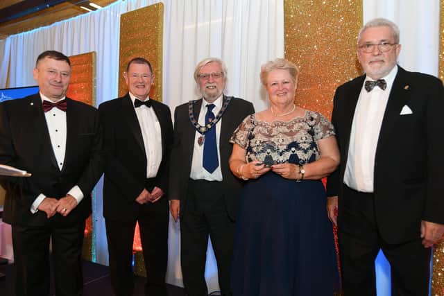Melton Times Best of Melton Awards 2021 presentation evening at Brooksby Hall.  Community Group/Project of the Year winners Melton Mowbray Lions Charity and Volunteers from the MSV Vaccination Centre EMN-210918-130424001
