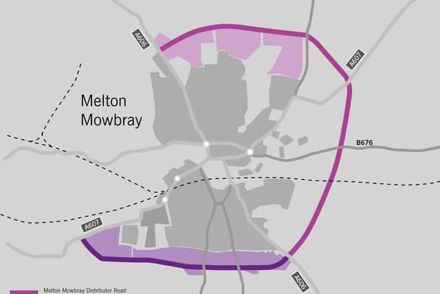 The route of the approved Melton Mowbray Distributor Road (MMDR), connecting north, east and south, and how it would join with the planned southern link section EMN-210921-174723001