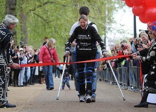 Claire Lomas finishes the London Marathon in a robotic suit after 17 days back in 2012 EMN-210929-121435001
