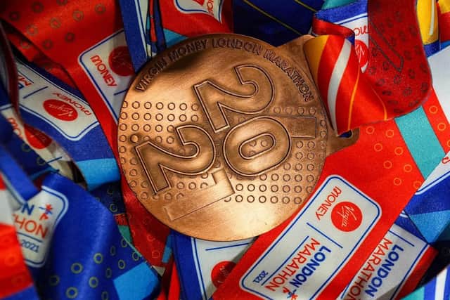 The medals awarded to those who complete Sunday's 2021 London Marathon EMN-210930-103832001