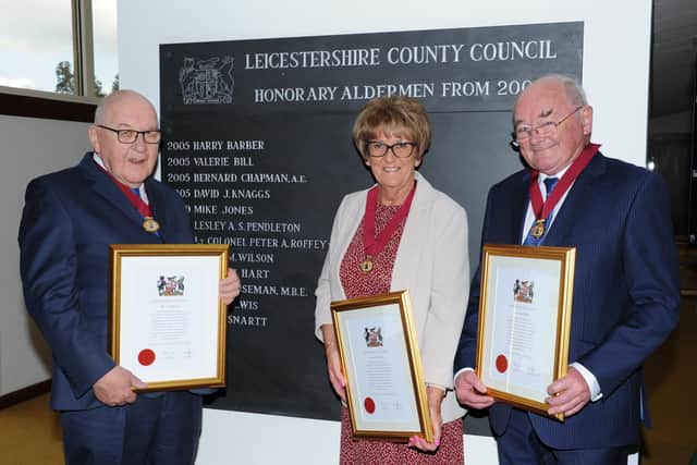 Long-serving former Vale of Belvoir councillor, Byron Rhodes (left), with fellow retired county councillors Janice Richards and Ivan Ould, with their medal awarded as new honorary aldermen of Leicestershire EMN-210930-115910001