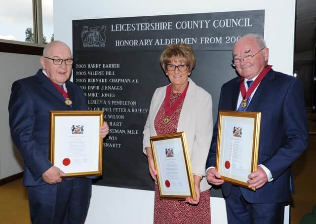 Long-serving former Vale of Belvoir councillor, Byron Rhodes (left), with fellow retired county councillors Janice Richards and Ivan Ould, with their medal awarded as new honorary aldermen of Leicestershire EMN-210930-115910001