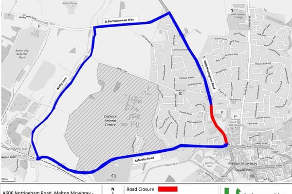 The A606 Nottingham Road in Melton which will be closed in phases for two weeks along the stretch marked in red. The diversion route is marked blue. EMN-210110-144516001