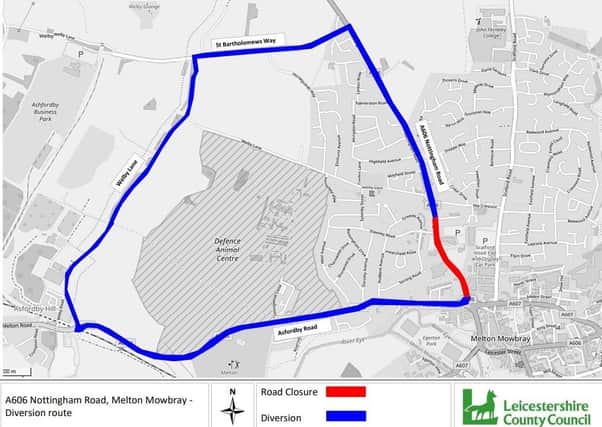 The A606 Nottingham Road in Melton which will be closed in phases for two weeks along the stretch marked in red. The diversion route is marked blue. EMN-210110-144516001