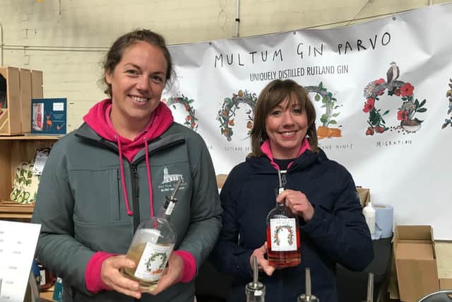 Elizabeth Louch and Katy Smith on the Multum Gin Parvo stand at the East Midlands Food Festival at Melton Livestock Market on Sunday EMN-210410-155230001
