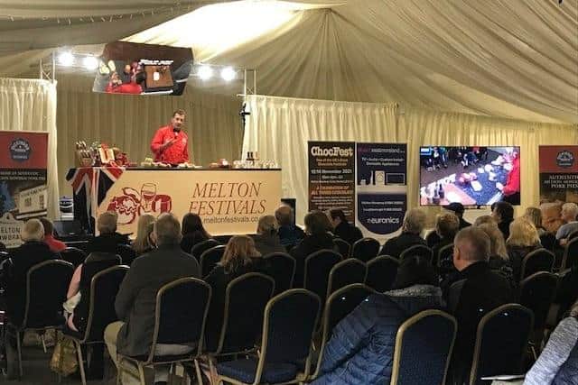 Stephen Hallam, an ambassador for the iconic Dickinson and Morris Melton pork pie brand, gives a talk in the Food Theatre at the East Midlands Food Festival at Melton Livestock Market on Sunday EMN-210410-155130001