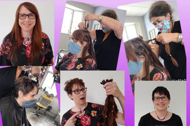 Linda Yates has her hair cut as part of her fundraising drive to mark her 50th birthday EMN-210710-134442001