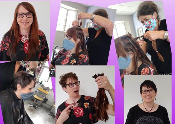 Linda Yates has her hair cut as part of her fundraising drive to mark her 50th birthday EMN-210710-134442001
