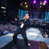 Robbie Williams takes to the stage at BST Hyde Park this weekend (July 6), but will the weather hold out for the “Angels” singer? (Credit: Getty Images)