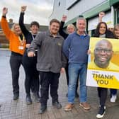 Manager Kerry Martin and some of her staff members pictured last year celebrating funding 1,000 lifesaving air ambulance missions through The Hanger superstore in Melton Mowbray