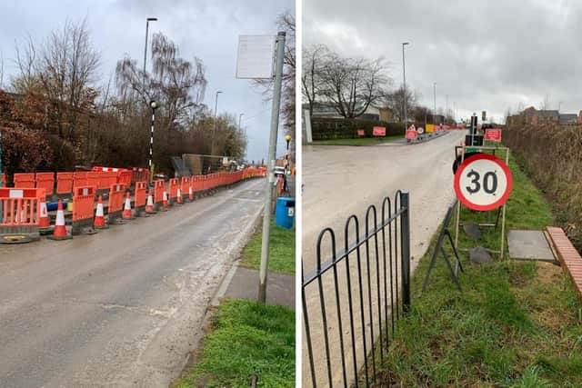 More traffic delays on Scalford Road - left, the traffic lights near the Clark Drive turning and (right) the extended closure just past John Ferneley College