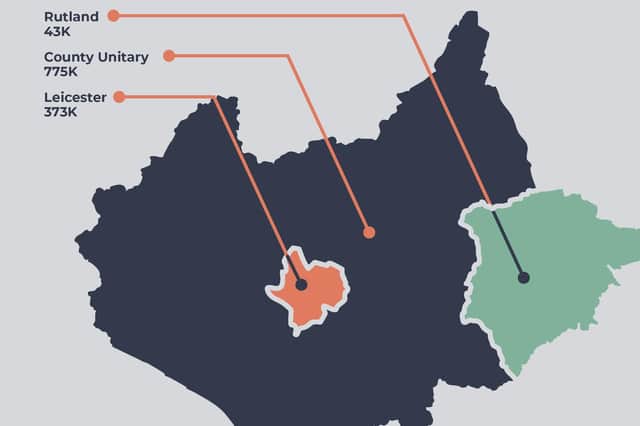 The proposal put forward by the previous Conservative administration showing a single authority for Leicestershire and one each for the city and for Rutland