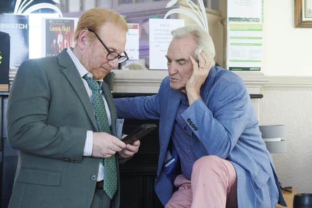 Gavin and Stacey: The Finale: Peter (ADRIAN SCARBOROUGH) with Mick (LARRY LAMB) pictured during a filming break IMAGE Toffee International Ltd.,Tom Jackson