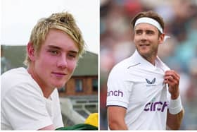 Stuart Broad (left) pictured as a young man shortly after joining Leicestershire and (right) playing at The Oval for England in his final match
Match photo: GettyImages