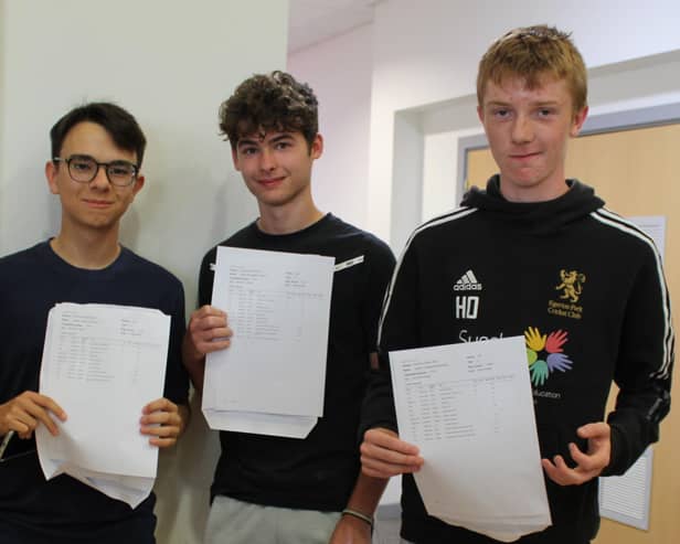 Left to right: Harry Twittey, Luke Tomley and Harry Orridge on GCSE results day at John Ferneley College