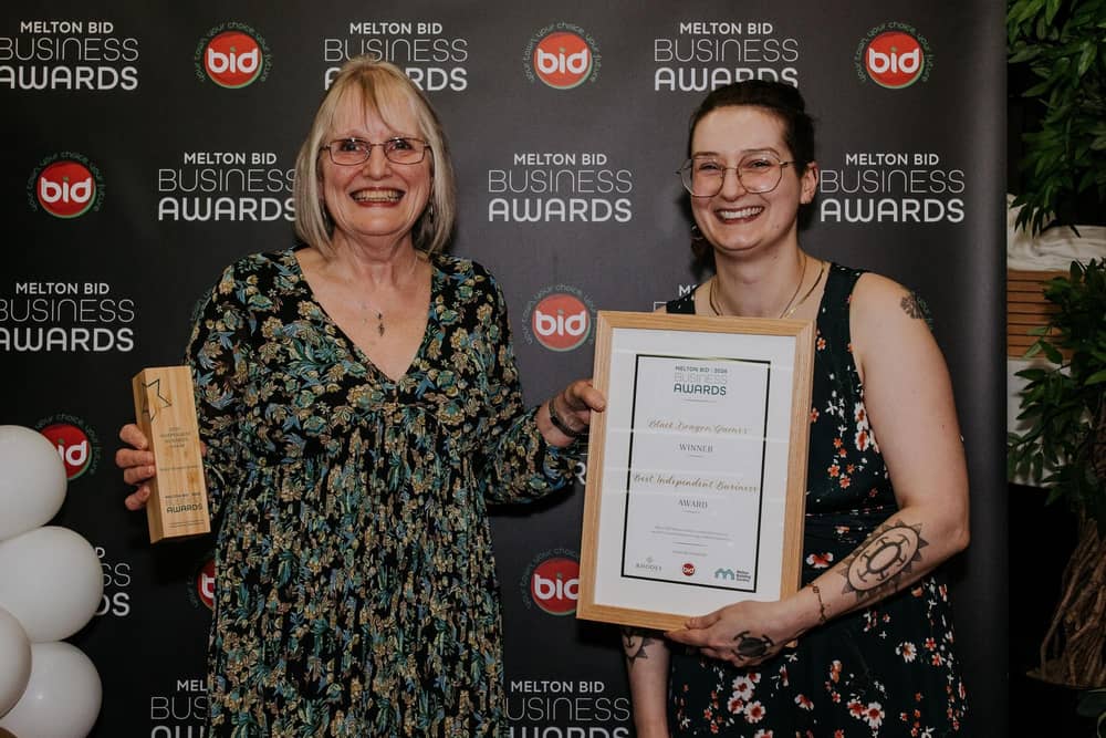 Director Linda Foulston (left) and manager Kayla pick up the Best Independent Business award at the recent Melton BID Business Awards