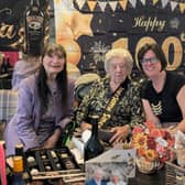 Barbara Gill celebrates her 100th birthday with grand-daughter Emma Lovegrove and 103 The Eye's Christine Slomkowska (left)