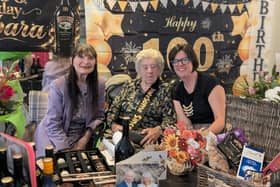 Barbara Gill celebrates her 100th birthday with grand-daughter Emma Lovegrove and 103 The Eye's Christine Slomkowska (left)