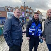 From left, town trader Barrie Roberts, security operative Nick and Melton BID manager James Colclough in Melton Mowbray town centre