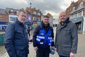 From left, town trader Barrie Roberts, security operative Nick and Melton BID manager James Colclough in Melton Mowbray town centre