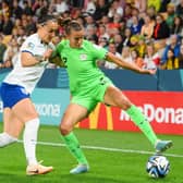 BRISBANE, AUSTRALIA - AUGUST 07: Ashleigh Plumptre of Nigeria and Lucy Bronze of England compete for the ball during the FIFA Women's World Cup Australia & New Zealand 2023 Round of 16 match between England and Nigeria at Brisbane Stadium on August 07, 2023 in Brisbane / Meaanjin, Australia. (Photo by Bradley Kanaris/Getty Images)