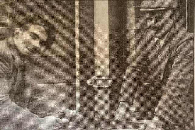 Stephen Herbert and his father Alfred working on the old Barclays Bank building in Melton Mowbray